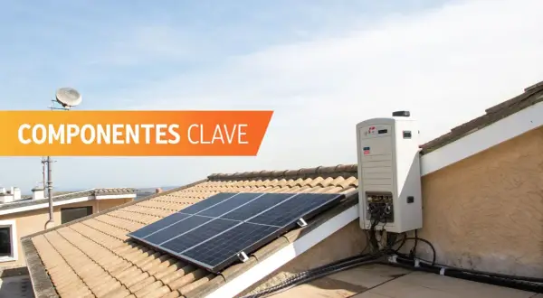 Componentes clave para saber como instalar una placa solar: paneles solares y un inversor en un tejado.