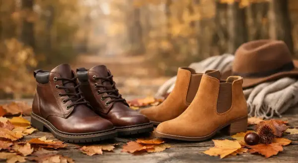 Stivaletti in cuoio marrone e scamosciati color caramello, su un tavolo di legno autunnale con foglie cadute.