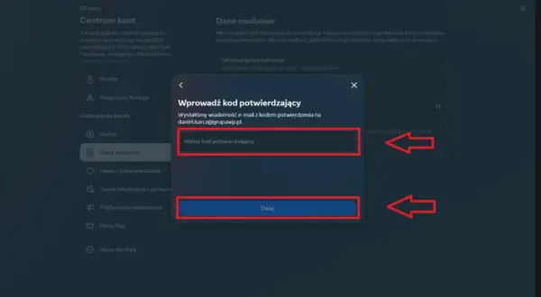 Ekran potwierdzenia zmiany email na FB. Wpisz kod z maila, by dokończyć proces.