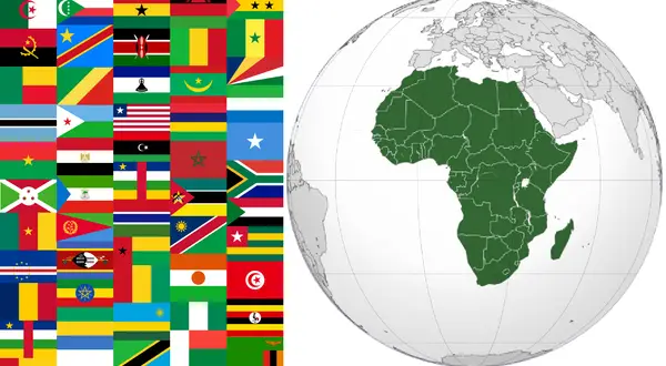 Kraje afryki na tle flag. Mapa świata z zaznaczonym kontynentem afrykańskim i mozaika flag państw afrykańskich.