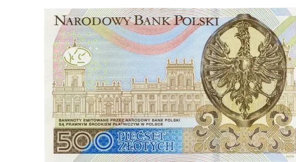 Banknot 500 zł z orłem w koronie i budynkiem. Narodowy Bank Polski emituje ten banknot 500 zł jako prawny środek płatniczy.