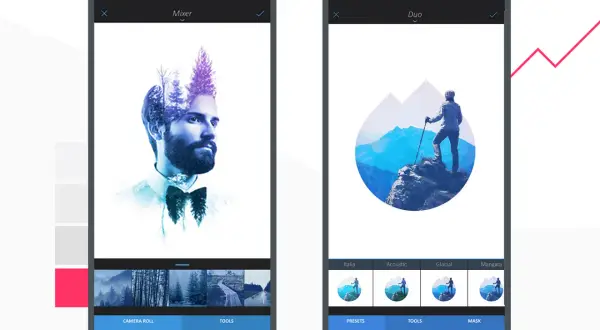 Dos pantallas de móvil muestran un editor de fotos android con efectos creativos: doble exposición en un retrato y un montañista en un paisaje circular.