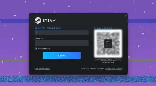 Okno logowania Steam z polami na nazwę użytkownika i hasło, oraz kodem QR do logowania mobilnego.