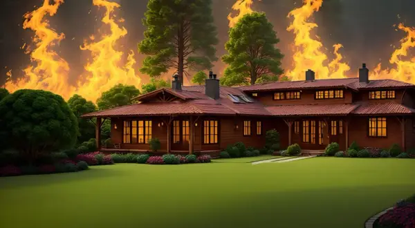 Casa de madera con llamas de fuego al fondo. El césped artificial ignífugo protege el jardín de las llamas.