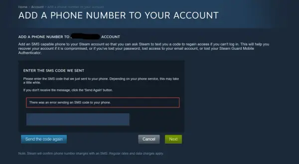 Ekran Steam z komunikatem błędu: "Wystąpił błąd podczas wysyłania kodu SMS na Twój telefon.