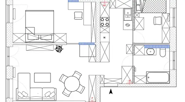Plan architektoniczny mieszkania: salon z sofą i stołem, kuchnia, sypialnia z łóżkiem, łazienka z wanną i toaletą.