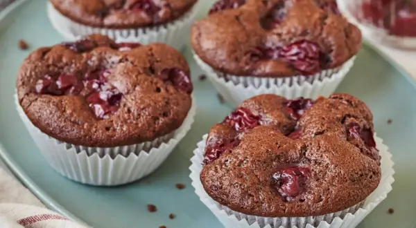 Schoko Kirsch Muffins auf einem blauen Teller, mit Kirschen garniert. Ein Genuss für jeden Schokoladenliebhaber.