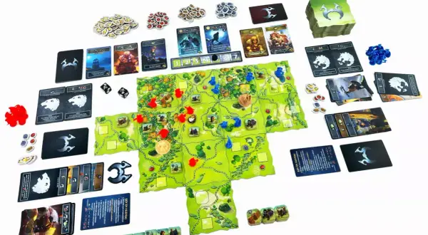 Plansza i komponenty gry planszowej Northgard: Niezbadane ziemie. Gracze eksplorują nowe terytoria, zbierają zasoby i walczą o dominację.