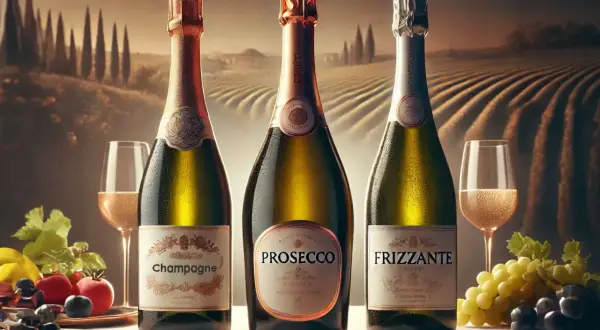 Tre bottiglie di spumante: Champagne, Prosecco e Frizzante, con calici e frutta su un tavolo, sullo sfondo di un vigneto.