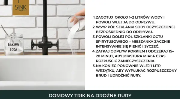 Wsypywanie sody oczyszczonej do odpływu zlewu.
