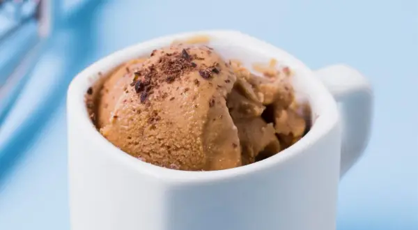 Brązowe lody dla psa w białej filiżance, posypane wiórkami. Gdzie kupić takie smakołyki?