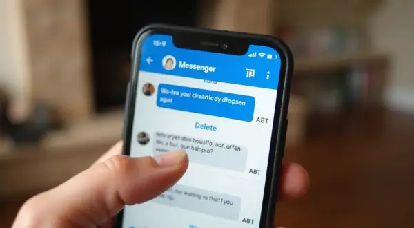Palec dotyka ekranu telefonu, pokazując opcję "Delete" w aplikacji Messenger. Dowiedz się, jak usunąć stare wiadomości z Messengera u odbiorcy.