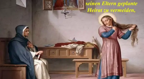 Die heilige Katharina von Siena schneidet sich mit zwölf Jahren die Haare ab, um eine geplante Heirat zu vermeiden. Eine Nonne beobachtet sie.