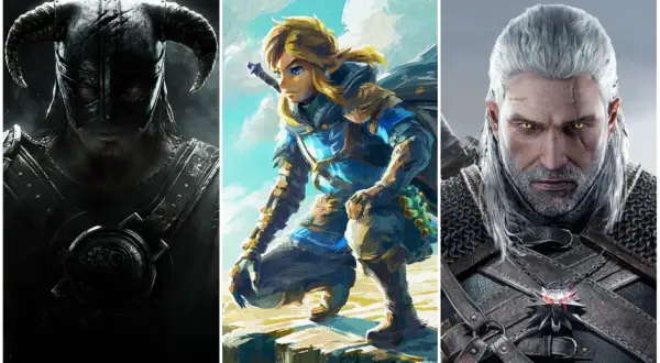 Trzy postacie z gier: wojownik z hełmem z rogami, Link z The Legend of Zelda i Geralt z Wiedźmina. To najlepsze gry singleplayer.