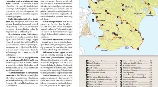Karta över Skåne med markerade etapper av Skåneleden. Texten beskriver hur man använder guideboken.