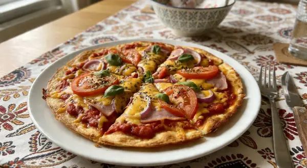 Pyszna pizza z tortilli z pomidorami, szynką i serem, udekorowana bazylią. Idealna na szybki obiad.