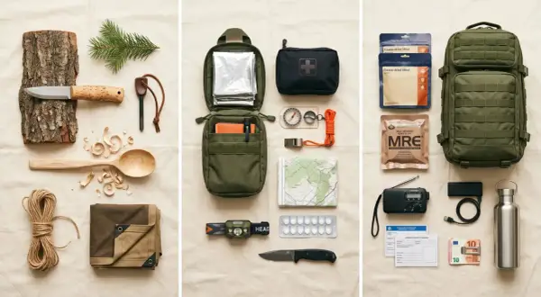 Kit de supervivencia con cuchillo, yesca, mapa, brújula, botiquín, raciones, radio y mochila. Todo el material bushcraft esencial para la aventura.
