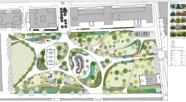 Progetto di riqualificazione urbana con aree verdi, campi sportivi e percorsi pedonali. La **superficie fondiaria** è dettagliata con piante e arredi.