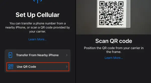 Configuration d'une carte eSIM : scannez le code QR de votre opérateur pour activer votre forfait mobile.