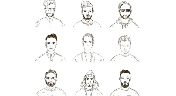 Neuf portraits d'hommes, certains avec une barbe, aux styles variés.