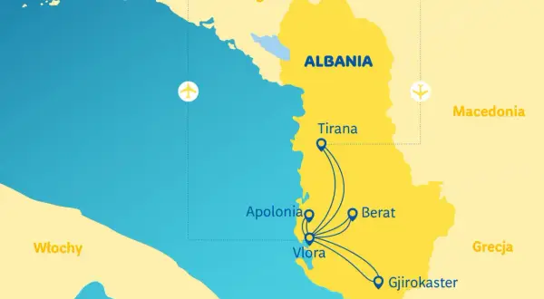 Mapa przedstawia lotniska w Albanii i połączenia lotnicze do Tirany, Wlory, Apolonii, Beratu i Gjirokastry.