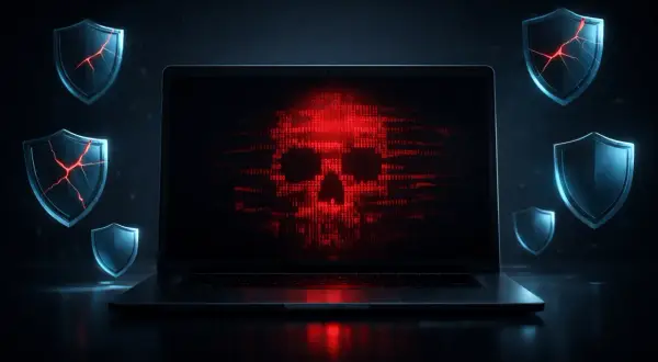 Laptop z czaszką z kodu binarnego na ekranie, otoczony pękniętymi tarczami. Symbolizuje atak ransomware i naruszenie bezpieczeństwa.