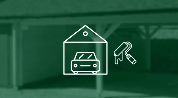 Icona stilizzata di un'auto in un garage con un rullo da pittura, suggerisce l'idea di verniciare tetto auto con bomboletta.