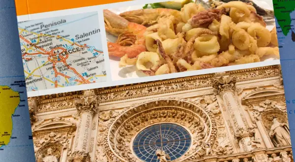 Un assaggio dei piatti tipici leccesi: fritto misto di mare, una mappa del Salento con Lecce in evidenza e la magnifica facciata barocca di una chiesa leccese.