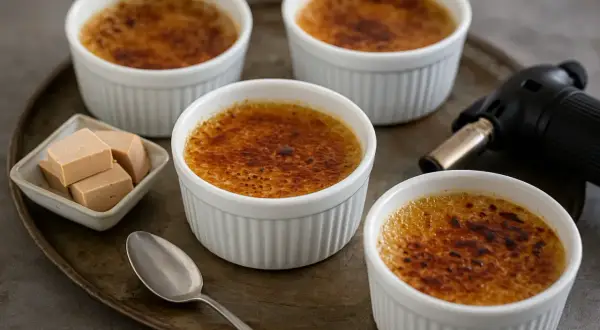Quatre ramequins de crème brûlée au foie gras, prêts à être dégustés. Un chalumeau et des cubes de foie gras sont à proximité.