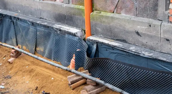 Baustelle mit Noppenbahn und Sand. Eine Horizontalsperre aus Bitumenbahn schützt die Wand vor Feuchtigkeit.