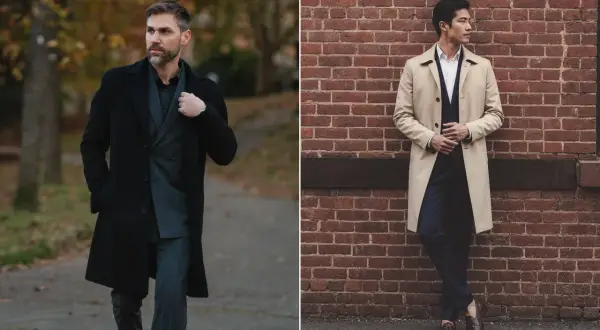 Uomo con abbinamento cappotto nero e completo gessato, e un altro uomo con trench beige e completo blu.