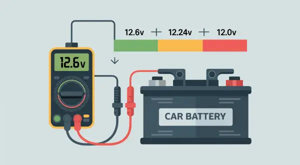 Pomiar napięcia akumulatora samochodowego. Multimetr pokazuje 12.6V, co oznacza, że elektrolit jest w dobrym stanie.
