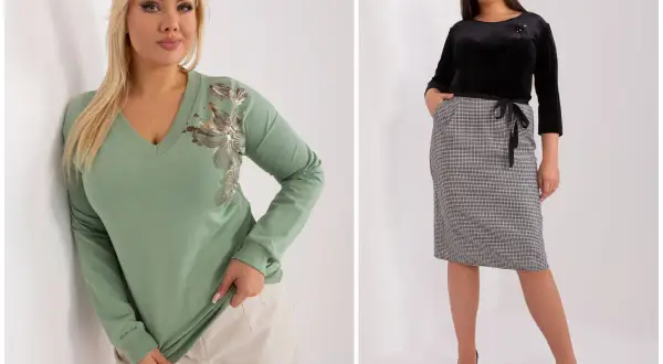 Dwie kobiety plus size prezentują stylowe kreacje. Jedna w zielonej, seksownej bluzce plus size z ozdobnym haftem, druga w czarnym topie i eleganckiej spódnicy w kratę.