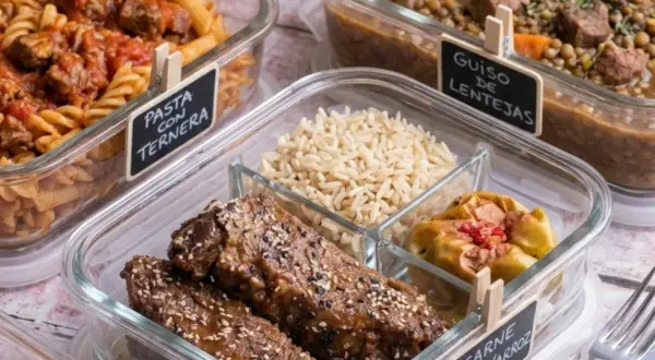 Carne asada con arroz, pasta con ternera y guiso de lentejas en recipientes de vidrio, listos para llevar.