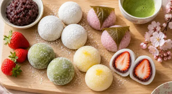 Różnorodne japońskie ciastka z ryżu: mochi w kolorach zielonym, żółtym i białym, różowe z liściem, z truskawką w środku. Obok miseczka z pastą anko i matcha.