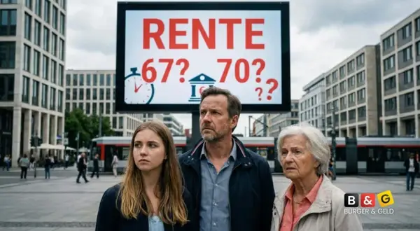 Drei Menschen blicken nachdenklich auf eine Anzeige, die über das Renteneintrittsalter 70 diskutiert.