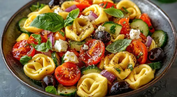 Kolorowa sałatka z tortellini, pomidorkami, ogórkiem, fetą i czarnymi oliwkami, ozdobiona listkami bazylii.