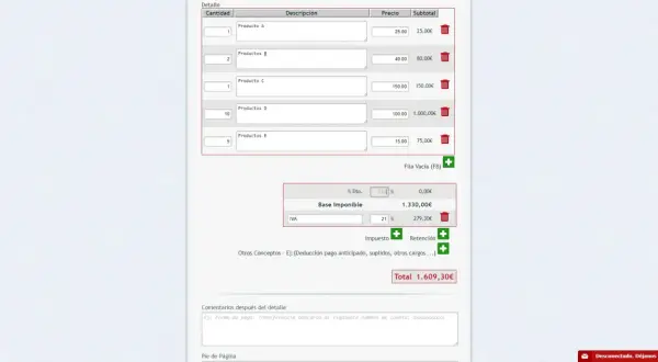 Detalle de productos con cantidades, precios y subtotales. La base imponible es 1.330,00€, el IVA 279,30€, sumando un total de 1.609,30€. El proforma significado se refleja en este resumen.