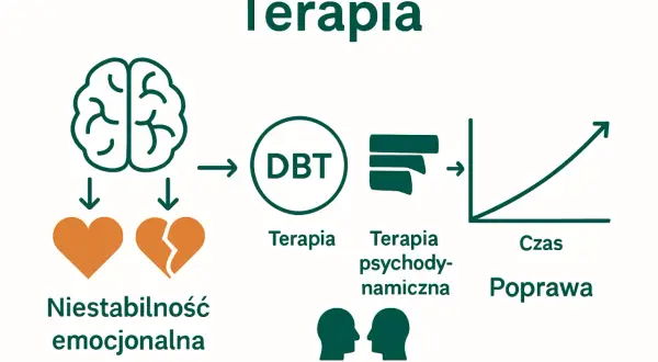 Schemat terapii dla osób z niestabilnością emocjonalną: mózg, serce (całe i pęknięte), DBT, terapia psychodynamiczna, czas i poprawa.