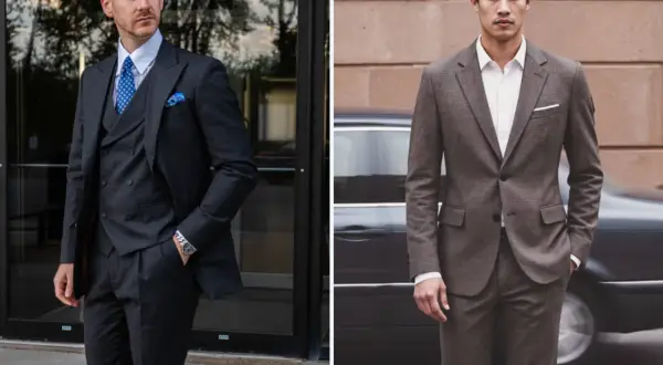 Uomo con abito grigio, gilet e cravatta blu. Accanto, un altro uomo con abito grigio e cravatta.