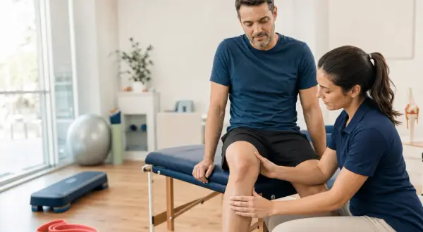 Fizjoterapeutka pomaga mężczyźnie w ćwiczeniach rehabilitacyjnych kolana.