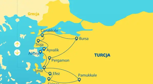 Mapa turystyczna Turcji z zaznaczonymi miastami i trasami. Widać tu Morze Egejskie, które jest częścią Morza Śródziemnego, otaczające zachodnie wybrzeże.