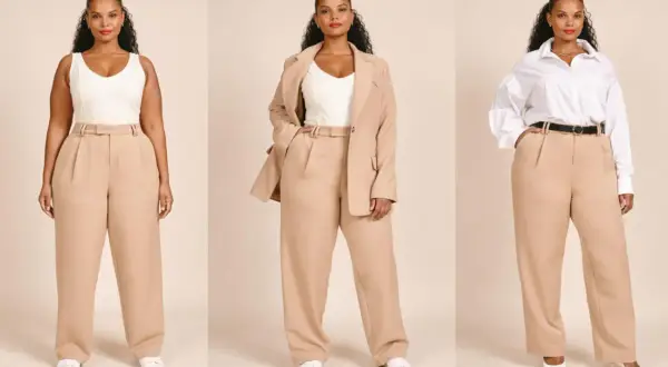 Kobieta plus size w beżowych spodniach wizytowych i różnych stylizacjach: top, marynarka, koszula.