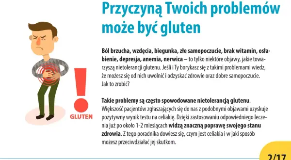 Ilustracja przedstawia mężczyznę z bólem brzucha, symbolizującym problemy związane z nietolerancją glutenu.