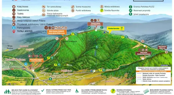 Mapa turystyczna Czantorii z zaznaczonymi szlakami. Najładniejszy szlak na Czantorię to Ścieżka Rycerska, idealna na rodzinną wycieczkę.