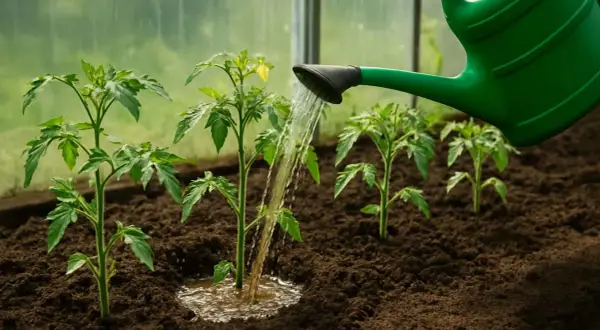 Młode sadzonki pomidorów w szklarni podlewane są wodą z konewki. Woda rozpuszcza nawóz organiczny, dostarczając roślinom niezbędnych składników odżywczych.
