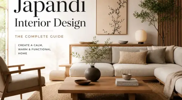 A serene living room embodying Japandi style, featuring a neutral sectional sofa, wooden furniture, and minimalist art. This guide helps create a calm, warm, and functional home.