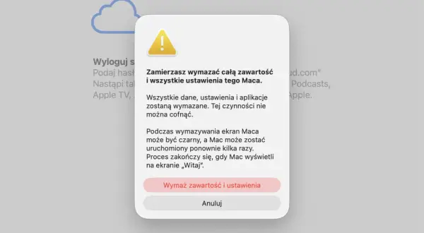 Potwierdzenie wymazania zawartości i ustawień Maca. Proces ten jest kluczowy, gdy chcesz wiedzieć, jak zresetować MacBook.