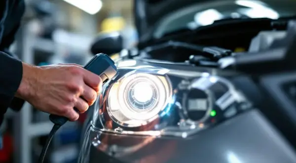 Un technicien vérifie le feu de position d'une voiture lors d'un contrôle technique, s'assurant de sa conformité.