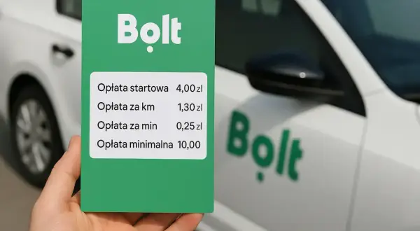 Zielona karta z cennikiem Bolt: opłata startowa 4 zł, za km 1,30 zł, za min 0,25 zł, minimalna 10 zł.